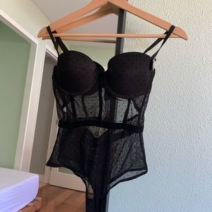 Black mesh sheer polkadot lingerie pushup bodysuit